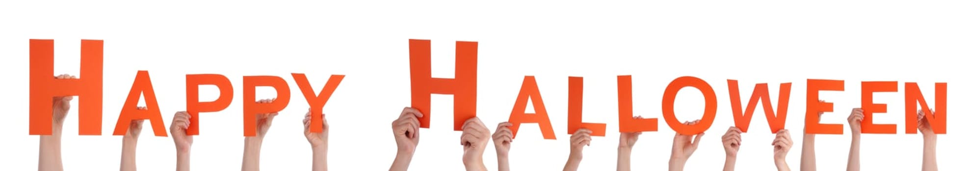 Many Hands Holding the Orange Letters Happy Halloween, Isolated