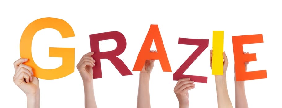 Many Persons Holding the Colorful Italian Word Grazie Which Means Thanks, Isolated