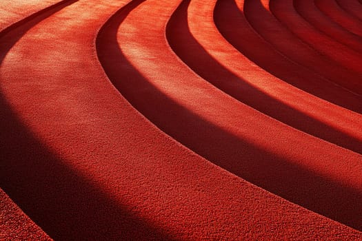 Aerial view of red running tracks as they bend around a corner.