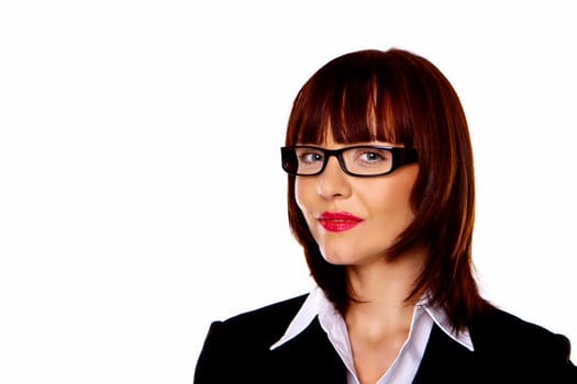 A portrait of a young confident business woman wearing a black business suit.