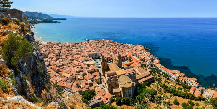 Aerial panoramic view of village Cefalu in Sicily, Italy