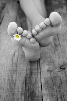 A person resting their feet on rustic old piece of wood.