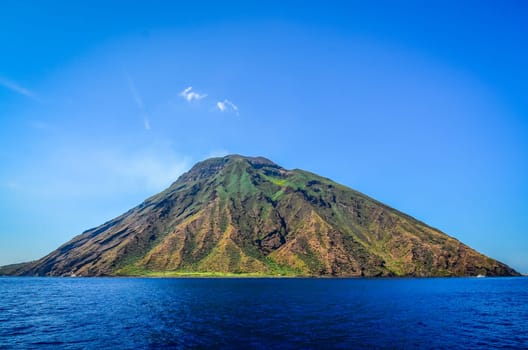 Stromboli volcanic island in Lipari, viewed from the ocean, Sicily, Italy