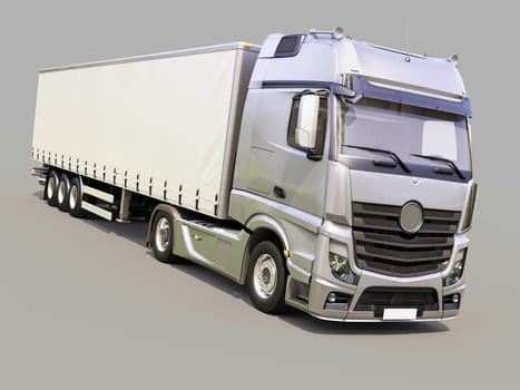 A modern semi-trailer truck on gray background