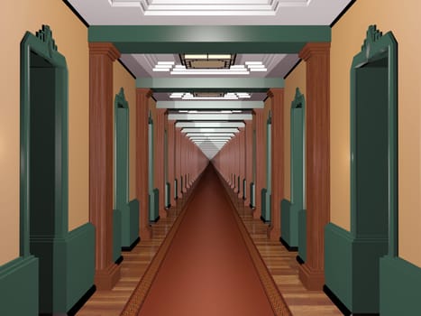 Never ending Art Deco corridor with an infinite number of rooms
