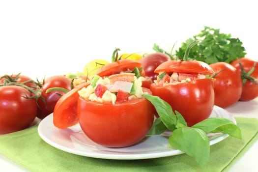 fresh tomatoes filled with summer pasta salad