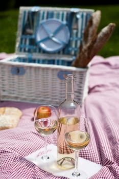 Picnic basket on green lawn