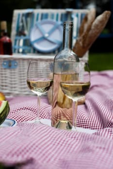Picnic basket on green lawn