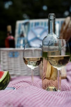 Picnic basket on green lawn