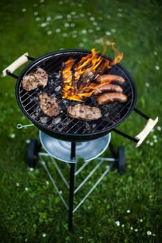 Grilling meat in flames, tasty dinner