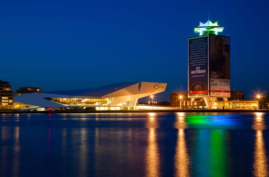 AMSTERDAM - MAY 9  The Eye Film institute Netherlands on the northern bank of the river IJ at sunset on May 9, 2013 in Amsterdam .
