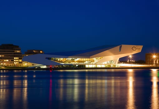 AMSTERDAM - MAY 9  The Eye Film institute Netherlands on the northern bank of the river IJ at sunset on May 9, 2013 in Amsterdam .