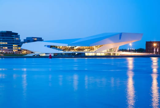 AMSTERDAM - MAY 9  The Eye Film institute Netherlands on the northern bank of the river IJ at sunset on May 9, 2013 in Amsterdam .
