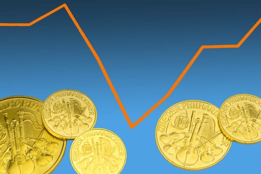 Gold coins in relation to a chart curve