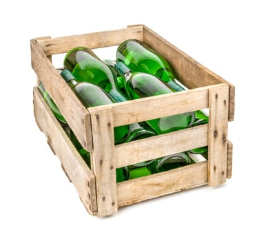 old wooden wine box filled with white wine bottles