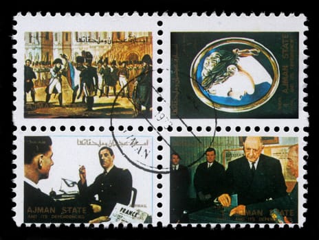 AJMAN- CIRCA 1972: A collection of stamps printed in Ajman showing pictures of a famous mens and women, circa 1972