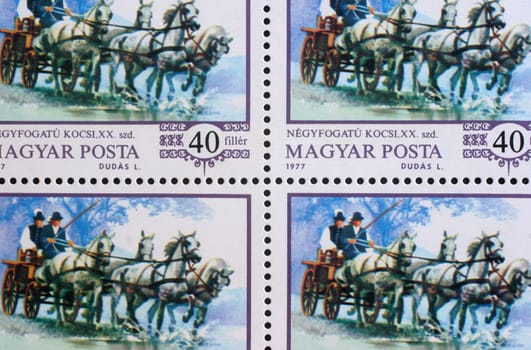 HUNGARY - CIRCA 1977: stamp printed by Hungary, shows World champion Imre Abonyi, driving four-in-hand, circa 1977