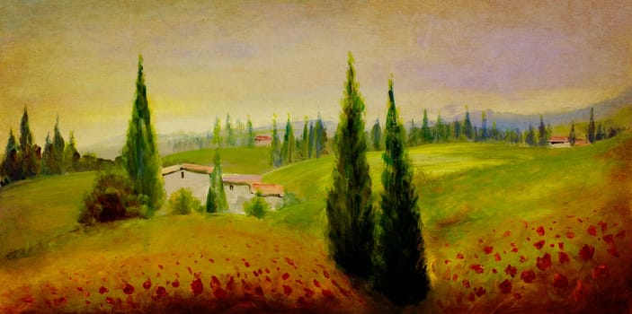 Summer landscape painted on wooden panel - acrylic paints,retro style