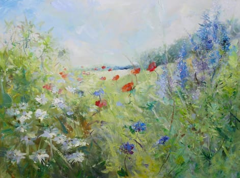 Summer landscape painted on canvas on stretcher frame