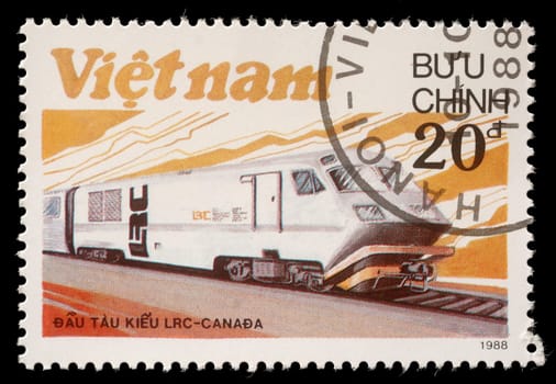 VIETNAM - CIRCA 1988: A stamp printed in Vietnam shows locomotive LRS produced in Canada, circa 1988