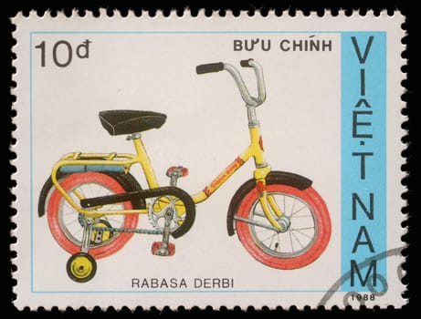 VIETNAM - CIRCA 1988: A stamp printed by Vietnam shows bicycle Rabasa Derbi, circa 1988
