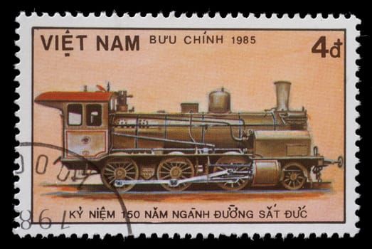 VIETNAM - CIRCA 1985: A stamp printed in Vietnam showing steam locomotive, circa 1985