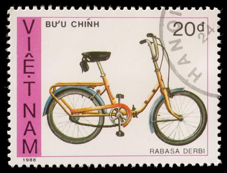 VIETNAM - CIRCA 1988: A stamp printed by Vietnam shows bicycle Rabasa Derbi, circa 1988