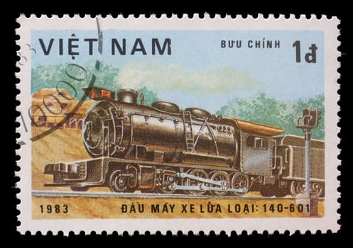 VIETNAM-CIRCA 1983: A stamp printed in the Vietnam, shows steam locomotive