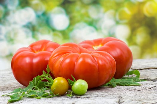 Fresh tomatoes on vintage wooden table