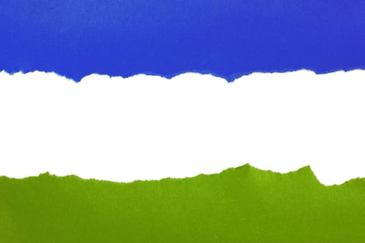 Torn blue and green paper with space for text on white background