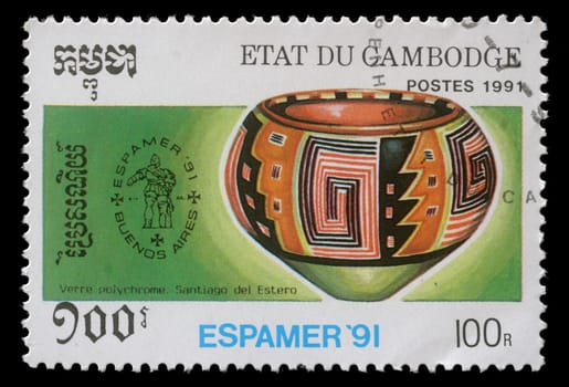 CAMBODIA - CIRCA 1991: stamp printed by Cambodia shows Pre-Columbian artefacts, circa 1991