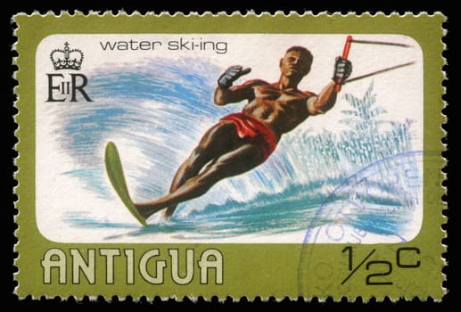 ANTIGUA - CIRCA 1976: A stamp printed in Antigua shows water skiing, circa 1976