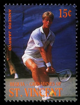 BEQUIA - CIRCA 1988: A stamp printed in Grenadines of St. Vincent shows Tennis Players Anders Jarryd, circa 1988
