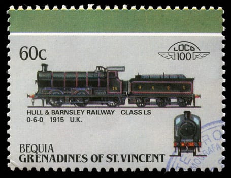 BEQUIA - CIRCA 1985: A stamp printed in Grenadines of St. Vincent shows Hull and Barnsley Railway class LS 0-6-0, 1915 U.K., circa 1985