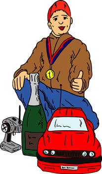 vector - happy little winner with RC Car, isolated on background
