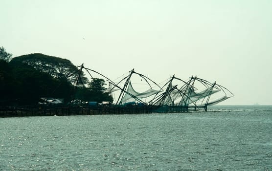Chinese Fishing Nets on sea coast at Kochi, Kerala, India, Asia