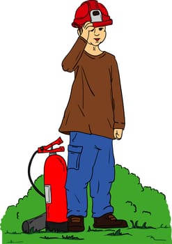 vector - young firefighter ready for action, isolated on background