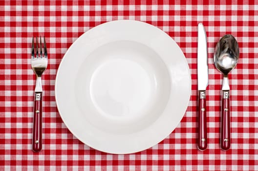 Rural table with checkered tablecloth,plate,fork,knife and spoon