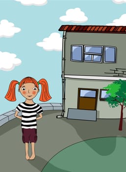Illustration of a little girl playing outside