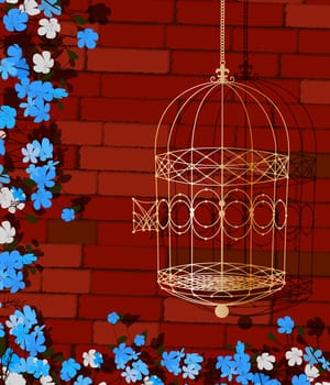 Background illustration of a golden bird cage and flowers