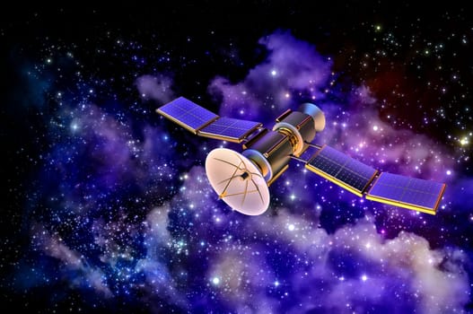 3D model of an artificial satellite of the Earth, equipped solar panels and parabolic satellite communications antenna