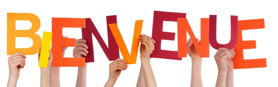 Many Persons Holding the Colorful French Word Bienvenue Which Means Welcome, Isolated