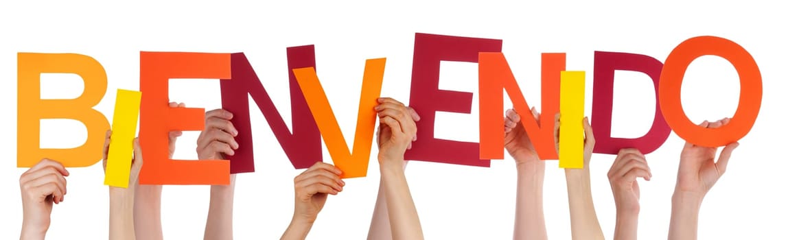 Many Hands Holding the Colorful Spanish Word Bienvenido, Which Means Welcome, Isolated