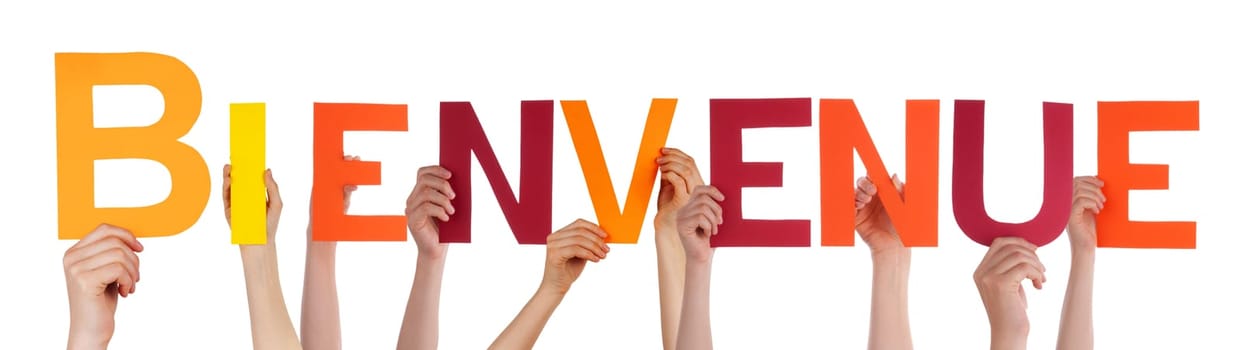Many Hands Holding the French Word Bienvenue Which Means Welcome, Isolated