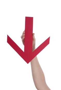 A Hand Holds a Red Downstreaming Arrow, Isolated