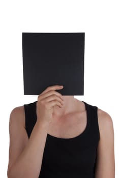 A Person Hides Its Face Behind a Black Square, Isolated