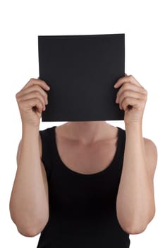 A Person Holds a Black Square in front of its Face, Isolated
