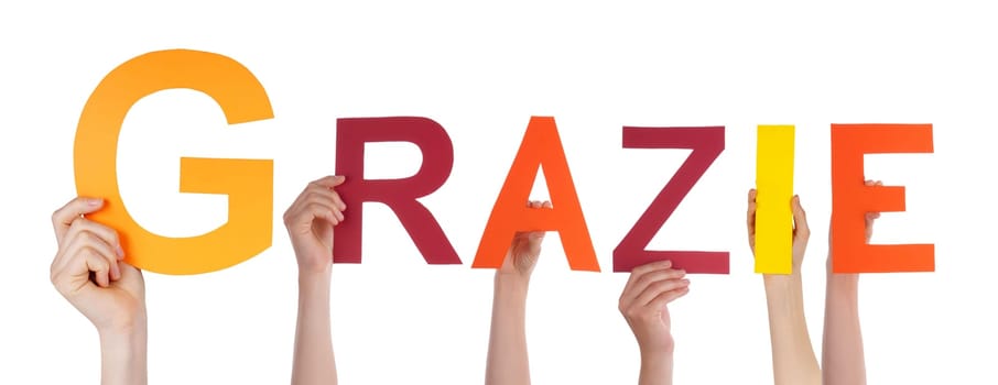 Many Persons Holding the Italian Word Grazie Which Means Thanks, Isolated