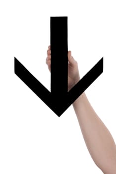 A Hand Holds a Black Downstreaming Arrow, Isolated