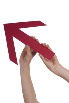 Two Hands Hold a Rising Red Arrow, Isolated